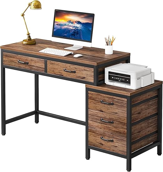 Computer Desk with 5 Drawers, Home Office Desks with Reversible Drawer Cabinet Printer