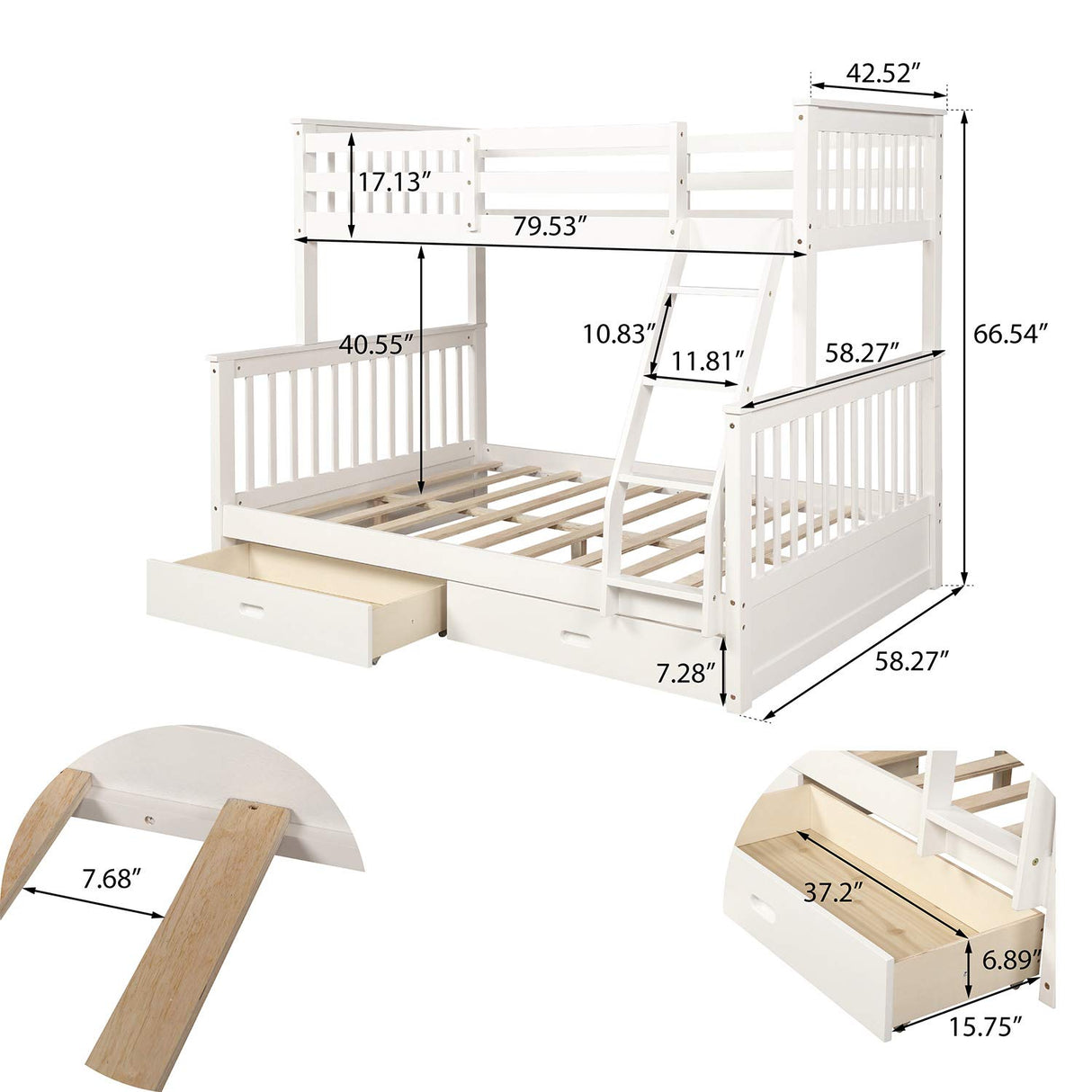 MERITLINE Bunk Bed Twin Over Full Wood Bunk Beds Frame with Storage Drawers, White