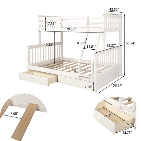 MERITLINE Bunk Bed Twin Over Full Wood Bunk Beds Frame with Storage Drawers, White