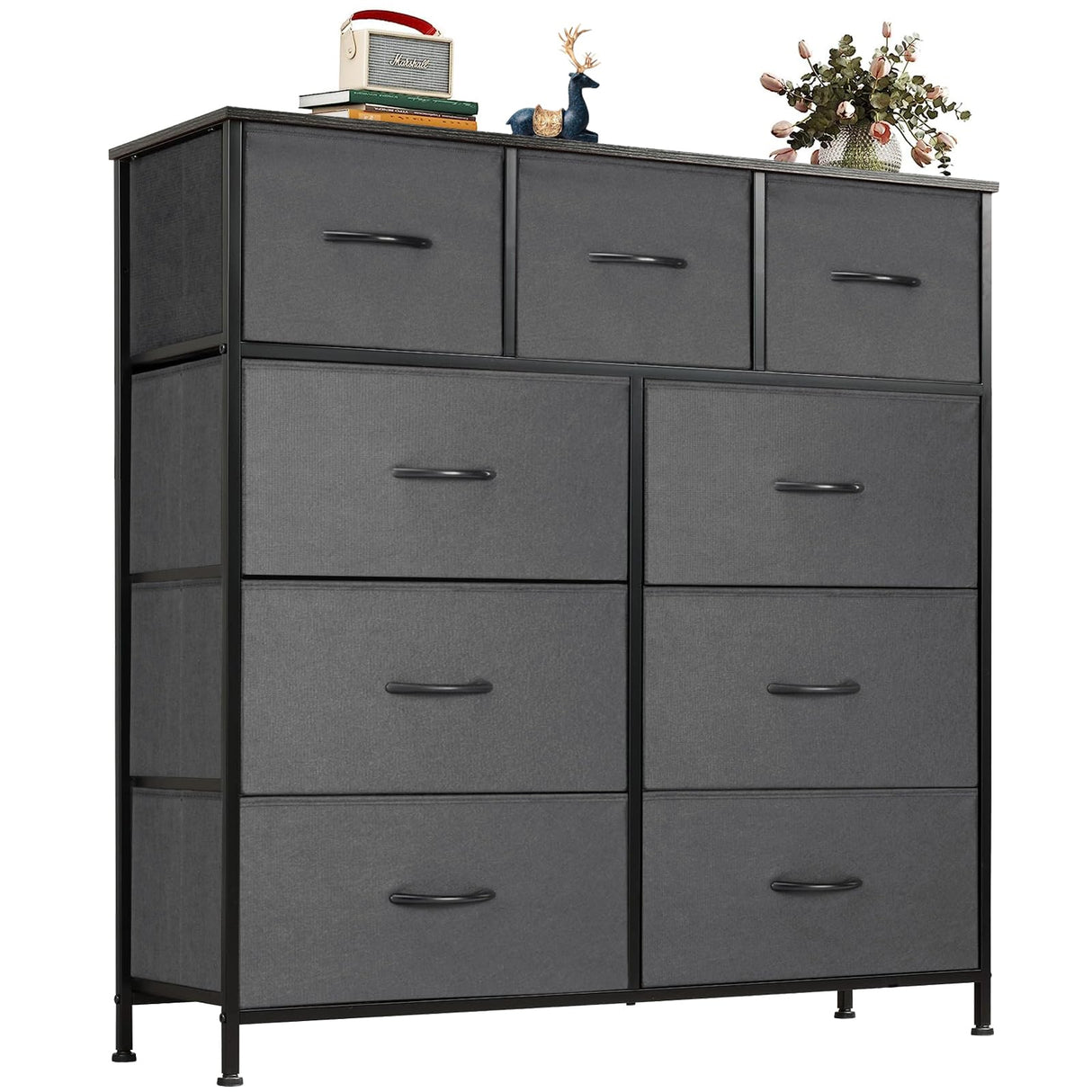 Organizer Storage 9, Chest of Drawers with Fabric Bins, Tall Dresser with Wood Top