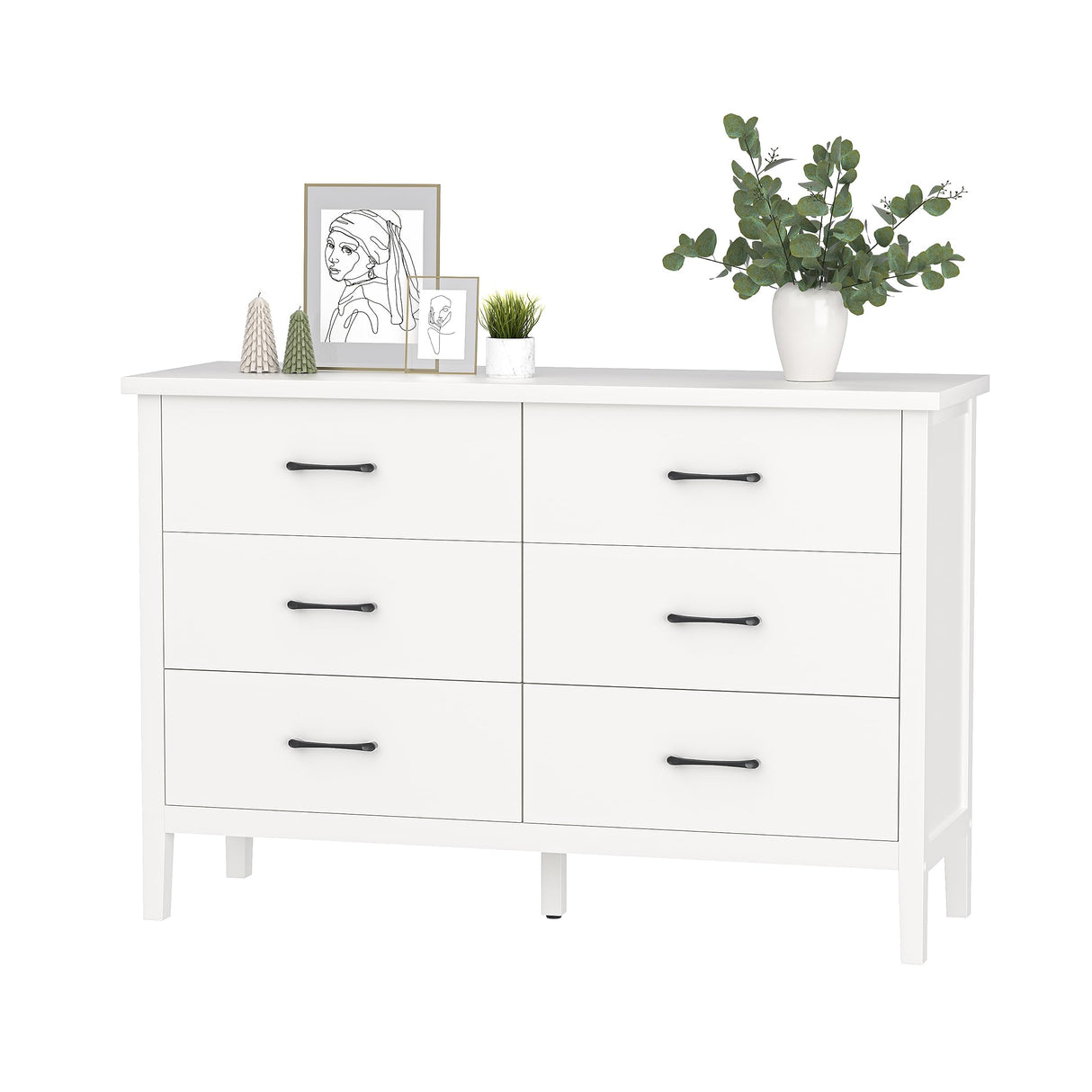 White Dresser for Bedroom, 6 Drawer Dresser Wood with Black Metal Handles