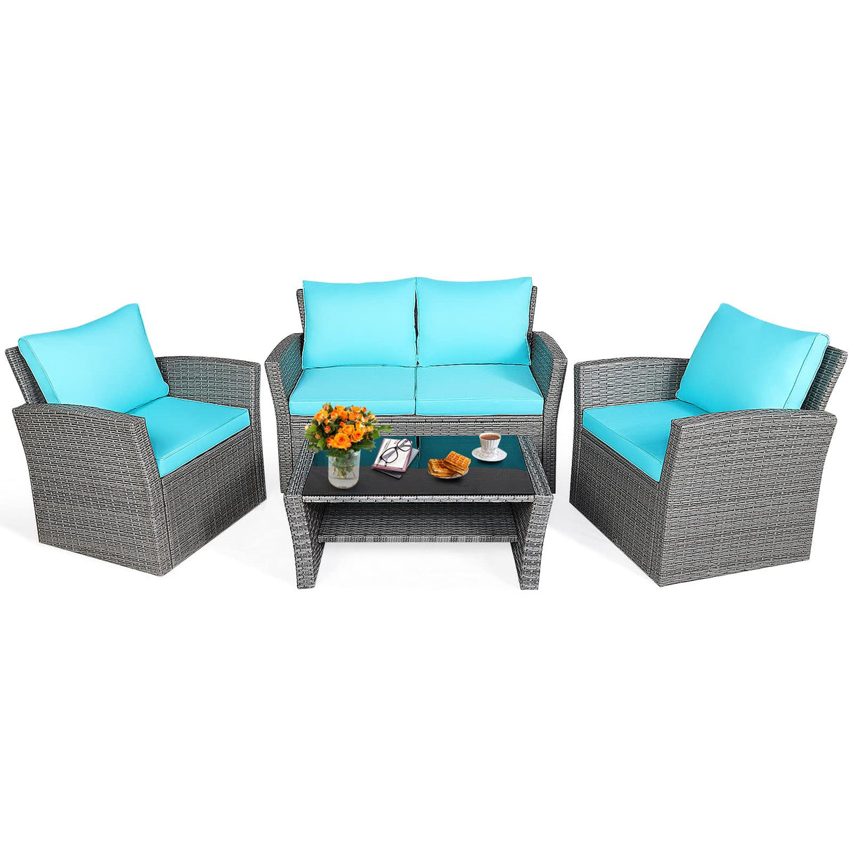 4 Pieces Patio Furniture Set, All Weather Outdoor Sectional Rattan Sofa Set