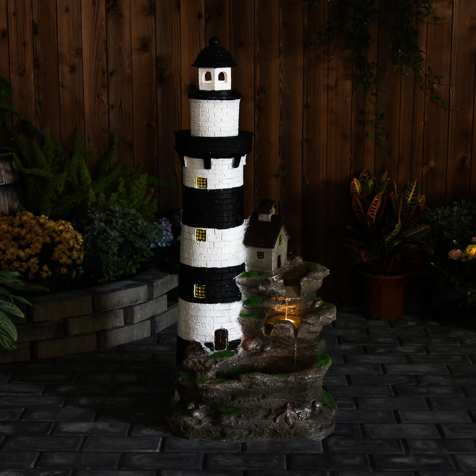 38.58" H Lighthouse Floor Waterfall Fountain with LED Lights 3-Tiered Rock Water Fountain