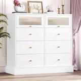 White Dresser, 8 Drawer Dresser with 2 Glass Doors, White and Gold Dresser Chest