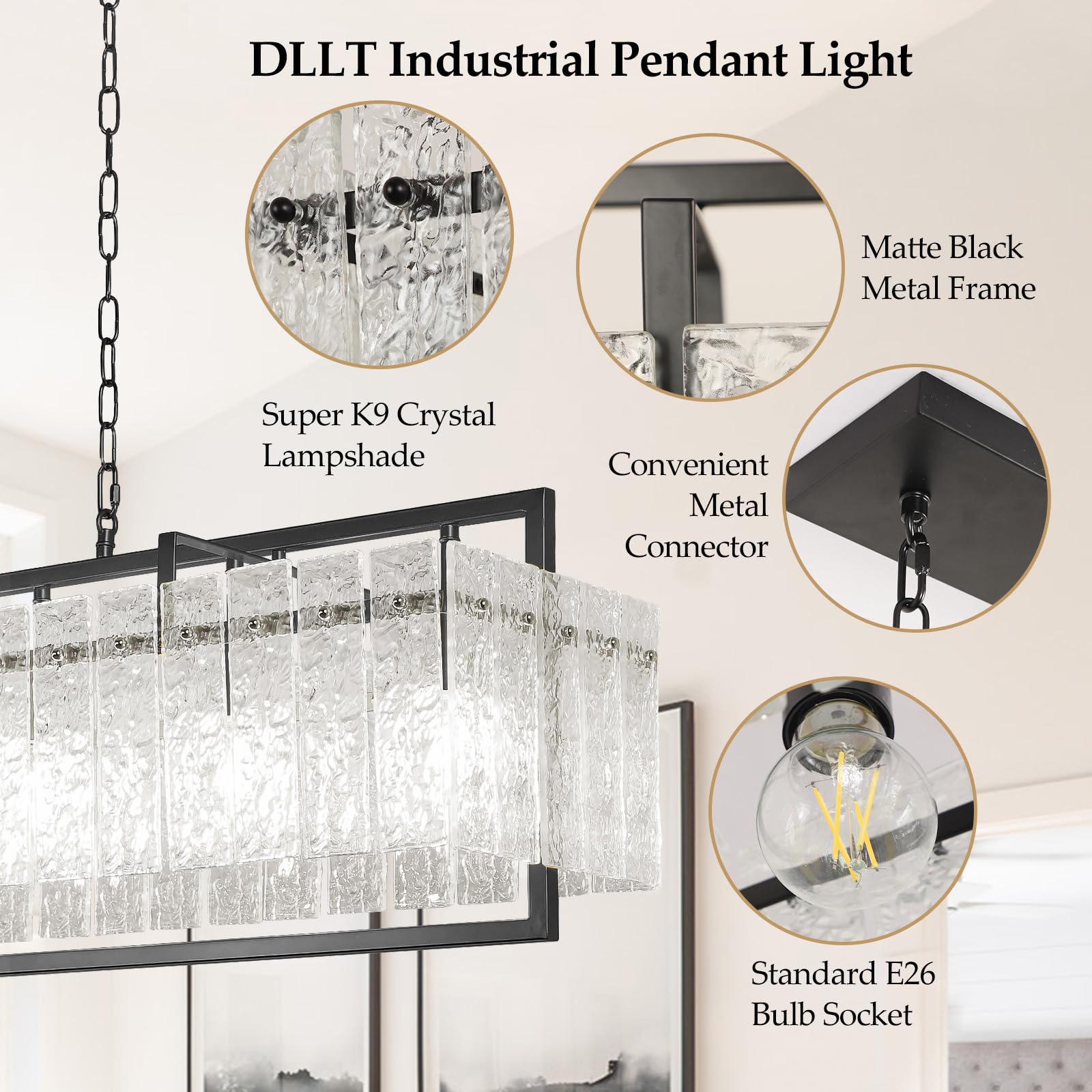 Modern Rectangular Crystal Chandelier, 4-Light Black Linear Farmhouse Lighting, 34”