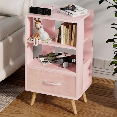 Pink Kids Nightstand with Drawer, Nursery Side Table with Open Storage, 2-Tier Modern