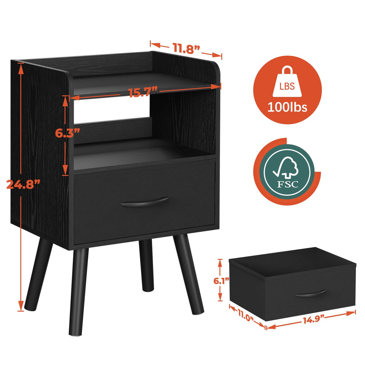 Night Stand with Fabric Drawer, Modern Nightstand, Bedside Tables