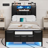 Queen Bed Frame with Storage Headboard & Charging Station, PU Leather Platform Bed