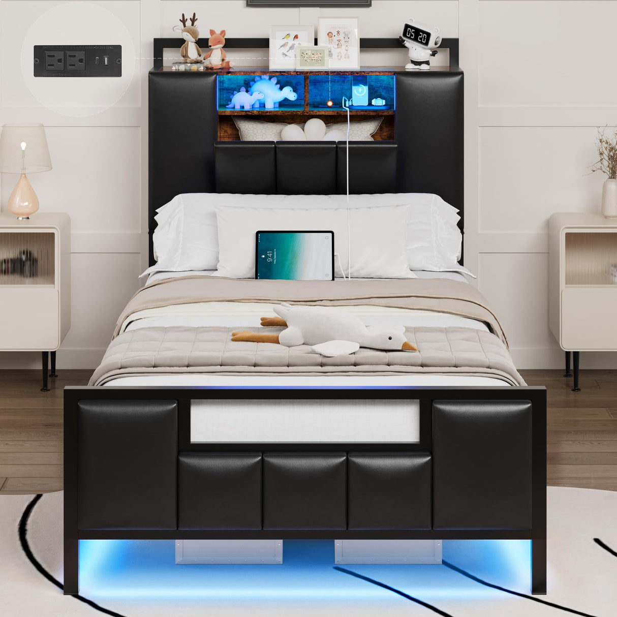 Twin Bed Frame with Storage Headboard & Charging Station, Upholstered Platform Bed