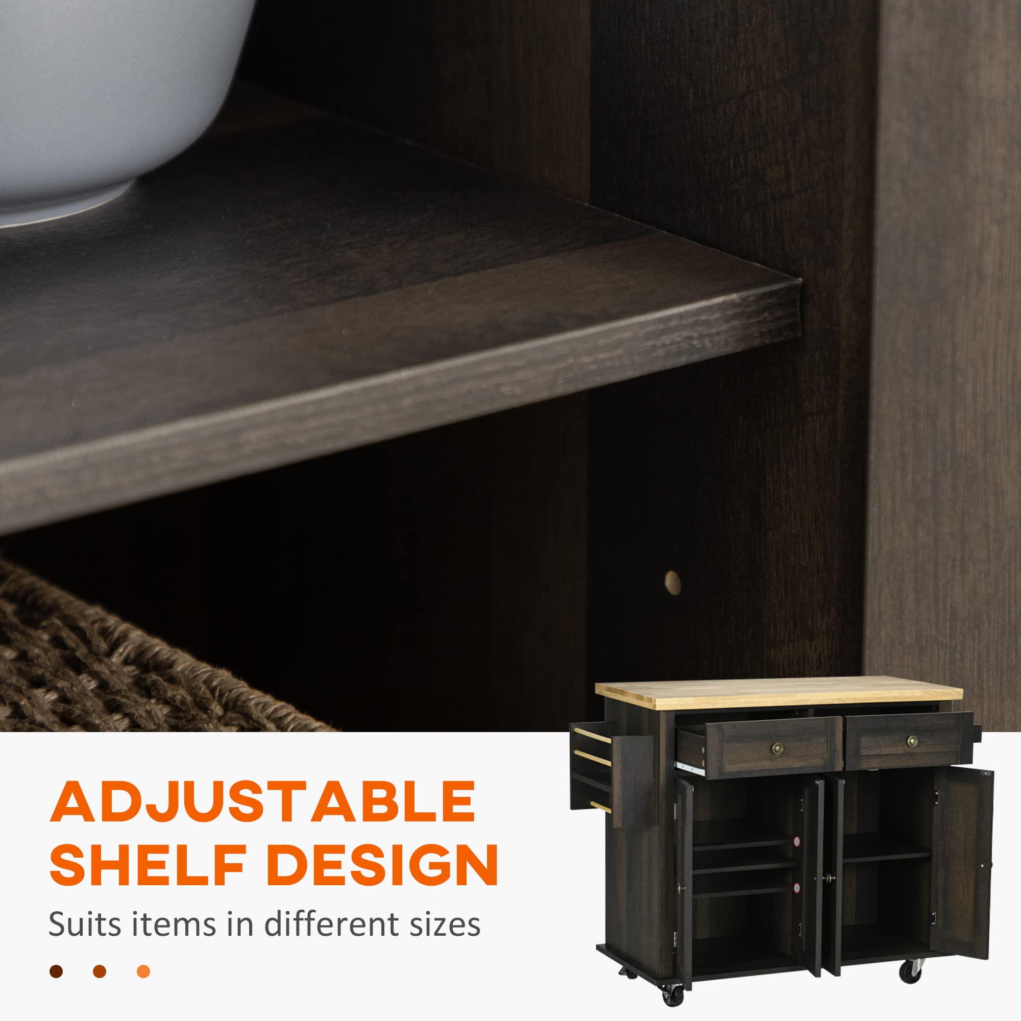 Kitchen Island on Wheels, Rolling Cart with Rubberwood Top