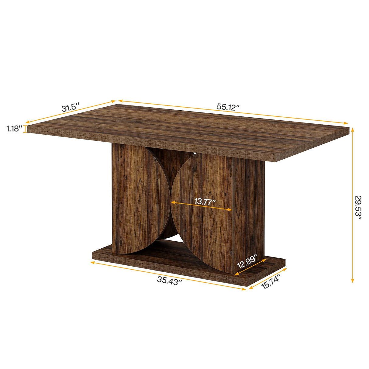 Tribesigns Farmhouse Dining Table for 4-6, 55.12" Rectangle Kitchen Table, Wood Dining Room Table with Dual Semi-Circle Pedestal Base, Dark Brown Dinner Table for Dining Room, Kitchen (Table Only)