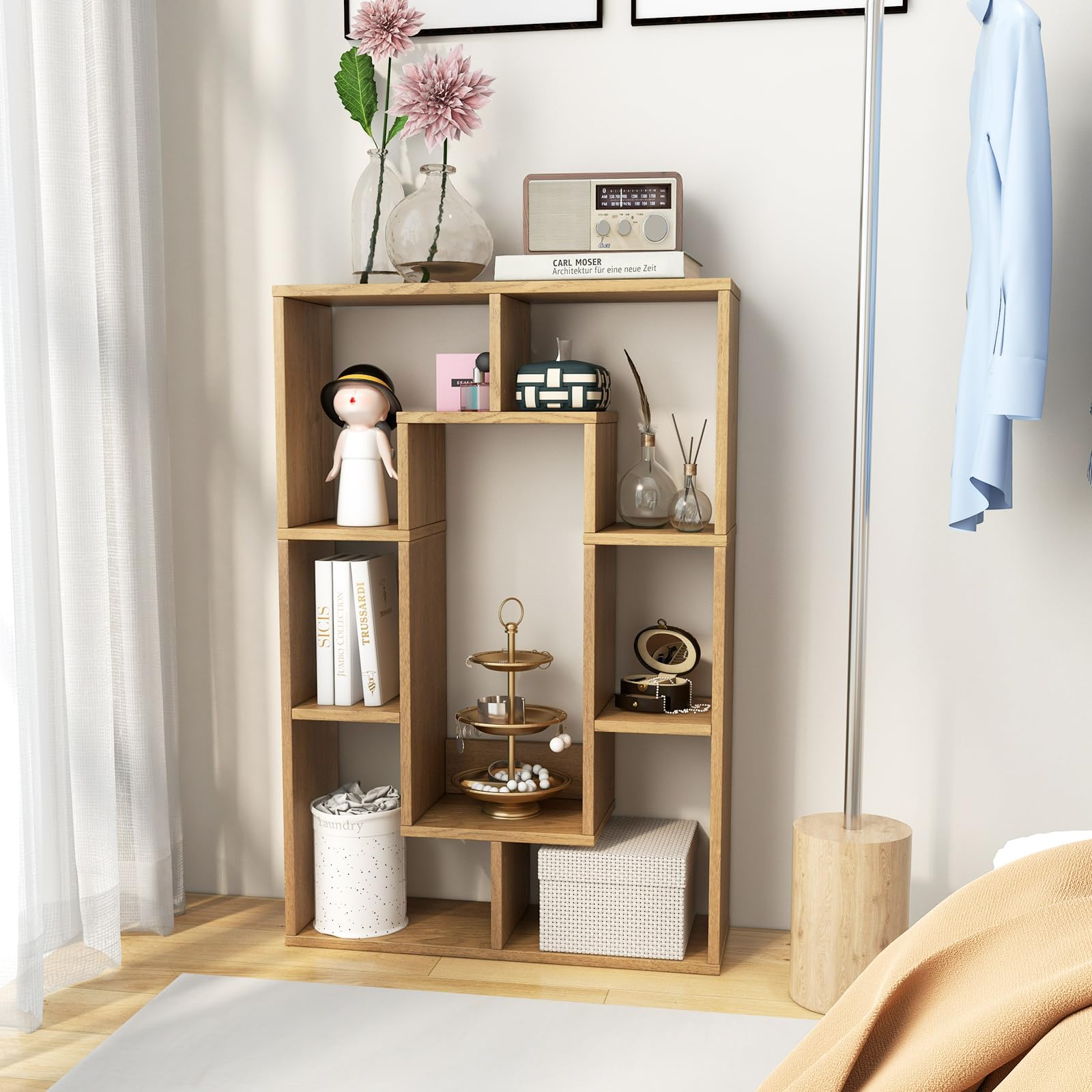 35.5” Geometric Bookshelf, Freestanding Wood Open Bookcase with 7 Cubes, Anti-Toppling Devices, Home Office Décor Rectangular Storage Shelf Display Rack for Study Living Room (1, Natural)