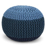 Nikki Round Hand Knit Pouf, Footstool, Upholstered in Blue, Navy Blue Cotton