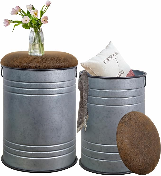 Metal Barrel Ottoman Storage Stool Set of 2, Rustic Accent Side Table