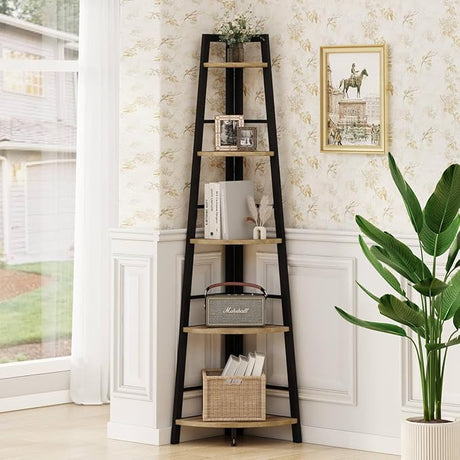 Rustic Tall Corner Bookshelf, 5 Tier Wood and Black Metal Corner Ladder Shelf