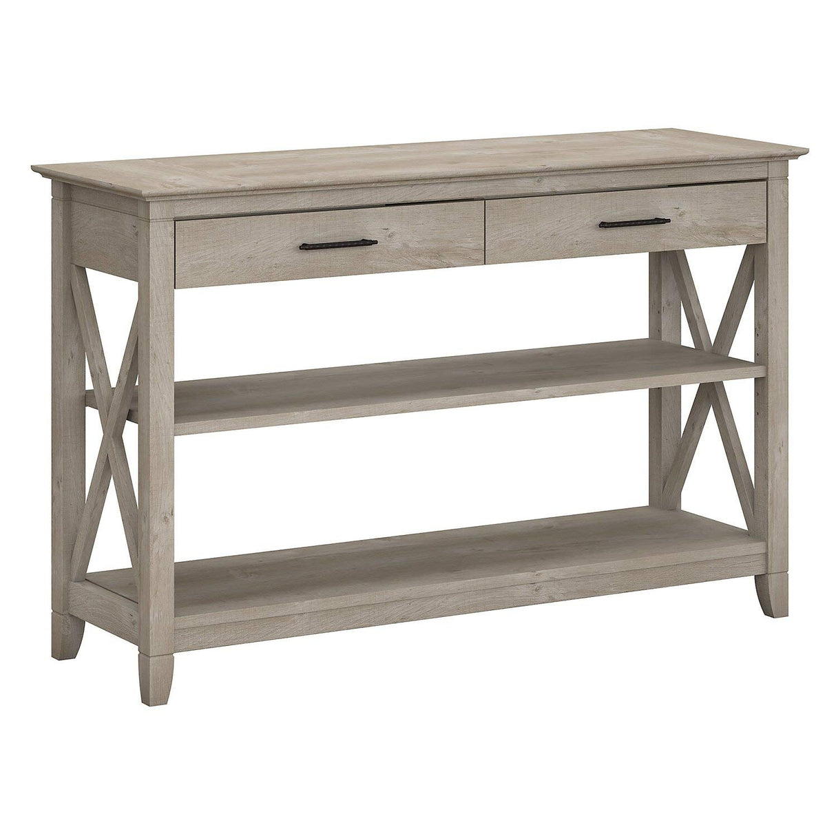 Key West Console Table with Drawers and Shelves in Washed Gray