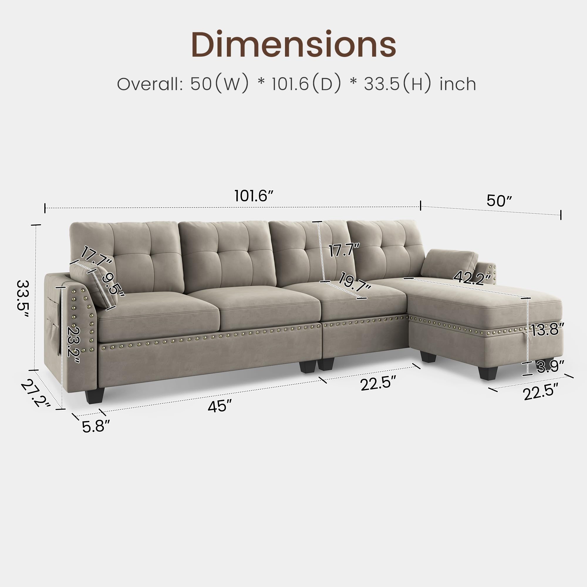 Velvet Convertible Sectional Sofa L Shaped Couch with Storage Ottoman Reversible