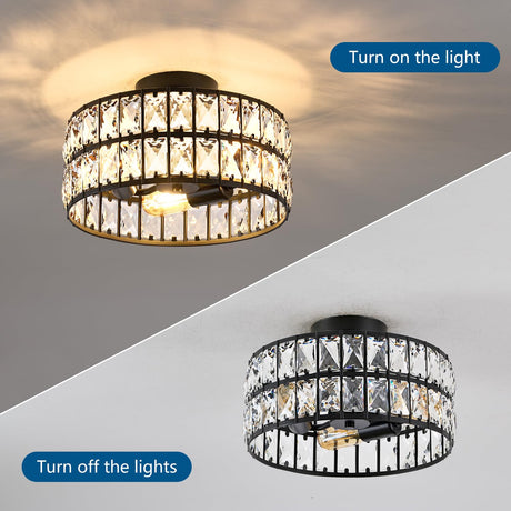 HuixuTe Modern Bedroom Light Fixtures Ceiling, 12.5" Round Drum Crystal Chandelier 3-Light, Black Semi Flush Mount Ceiling Light for Dining Room Kitchen Hallway Living Room
