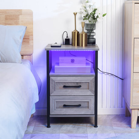 Nightstands Set of 2,Nightstand with Charging Station and RGB Lights,2 Drawers Bedside