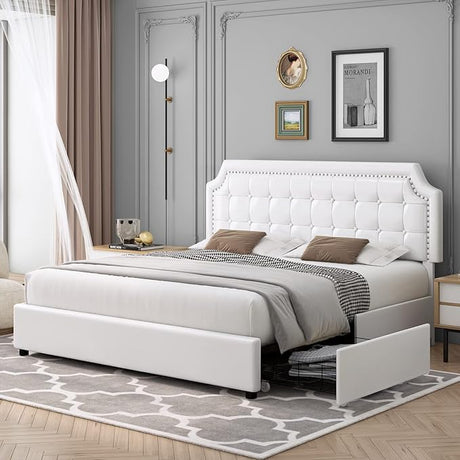 Upholstered Queen Bed Frame with 4 Storage Drawers, Platform Bed Frame with Curved