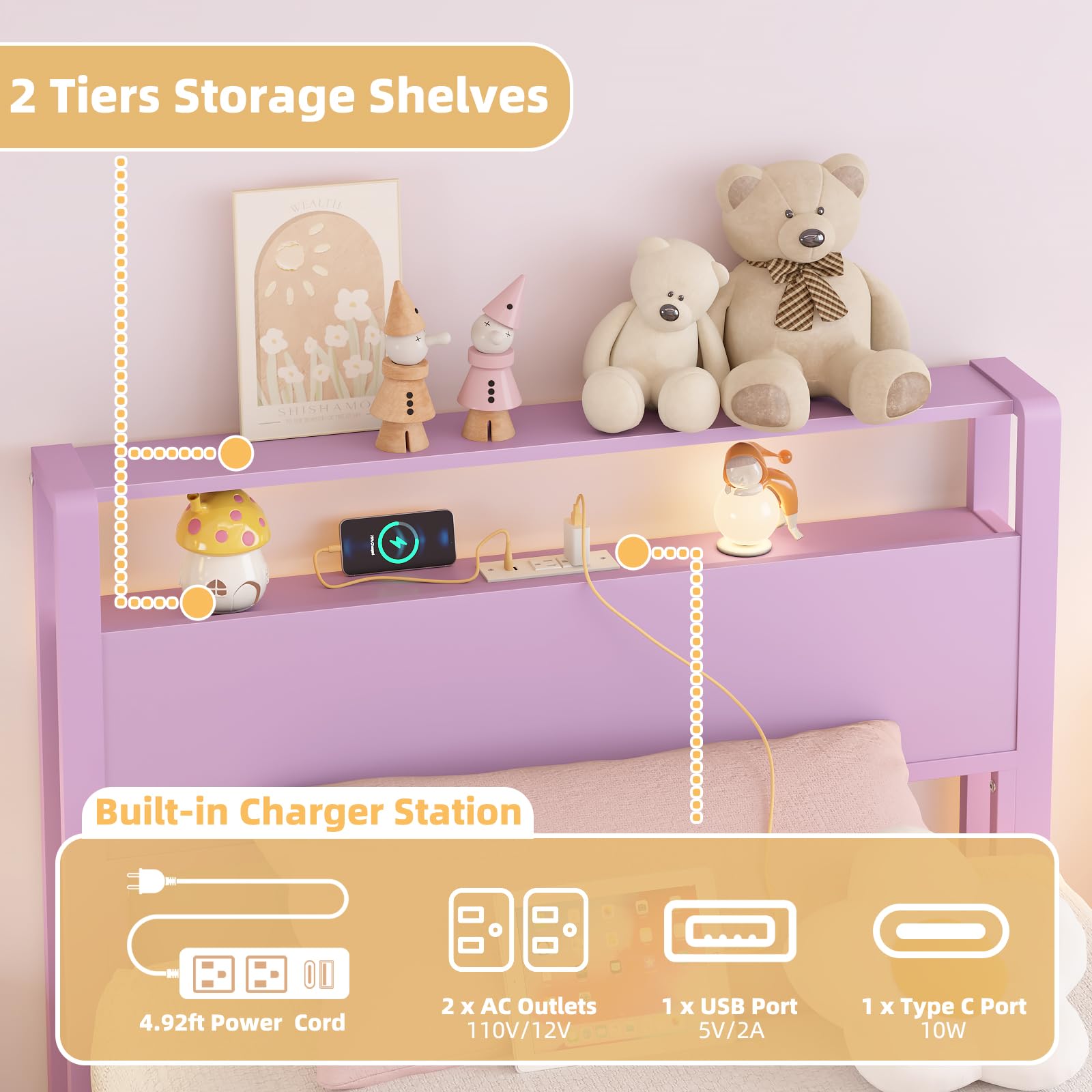 Twin Bed Frame with Charging Station & Storage Headboard - Purple