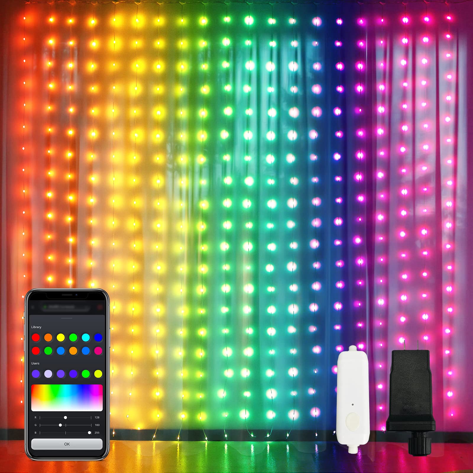 App-Controlled Color Changing Curtain Lights, 400 LED RGB String Lights for Halloween,