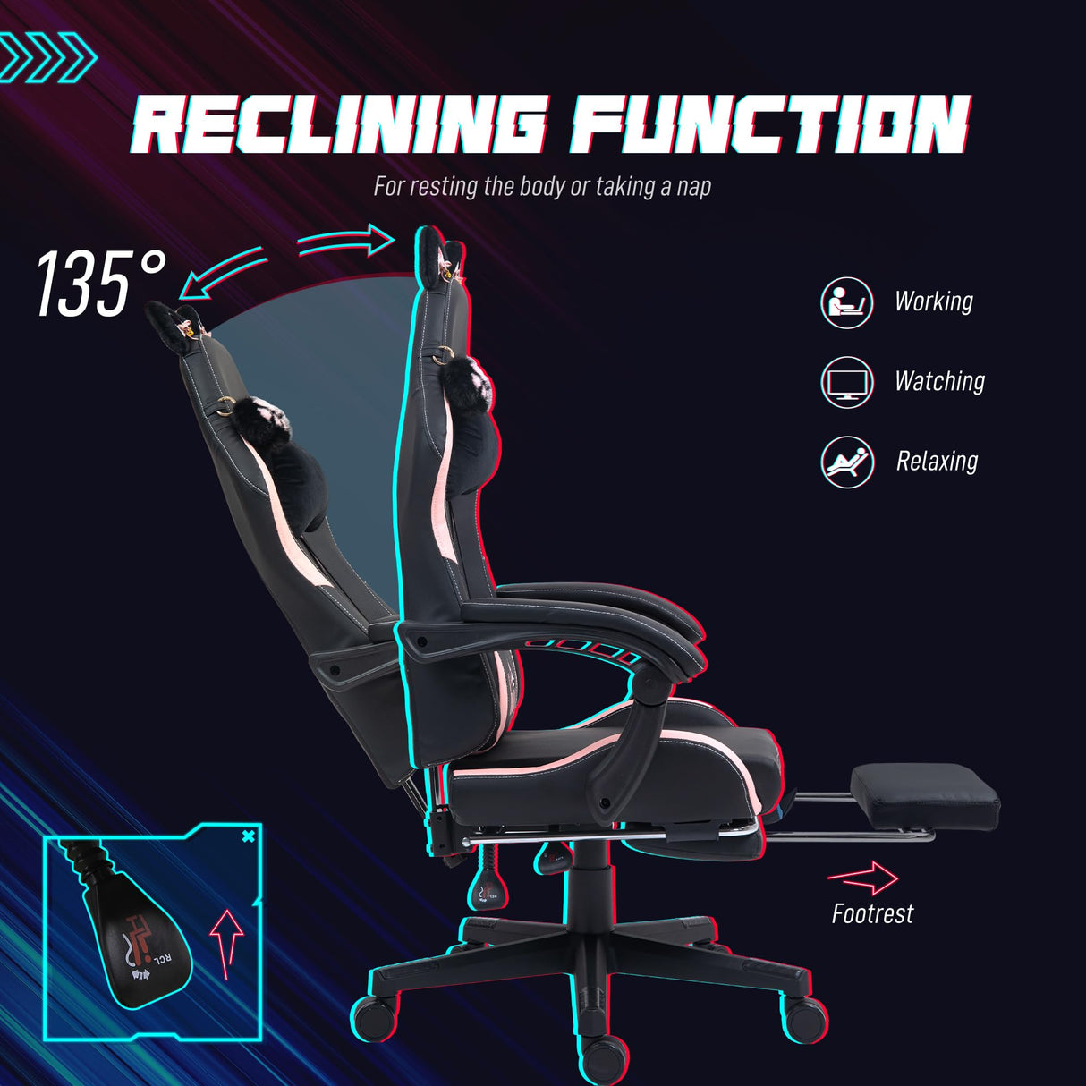Racing Gaming Chair with Cat Ears - Reclining Computer Chair with Footrest