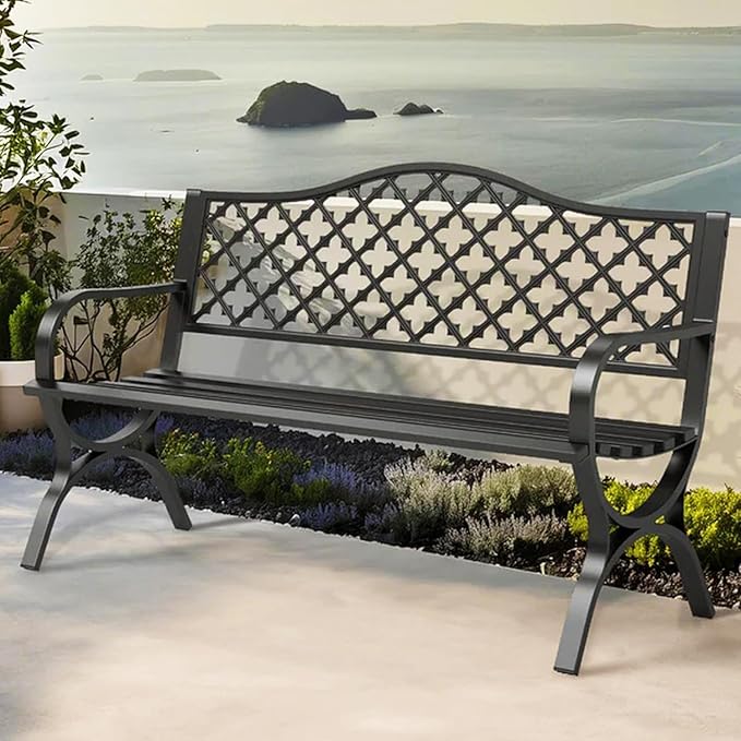 Outdoor Garden Bench, 48” Long Metal Steel Bench with Backrest and Armrests