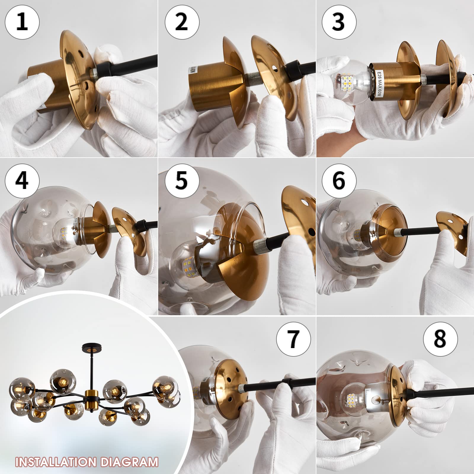 12-Light Sputnik Chandelier with Glass Globe - Mid Century Modern Black & Gold