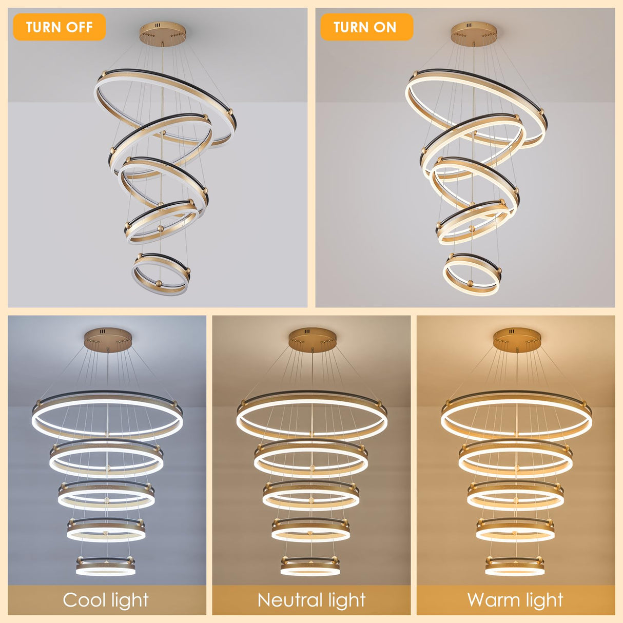 10-Rings Modern LED Chandelier Black Gold Large Dimmable Remote Chandeliers Lighting for Foyer,