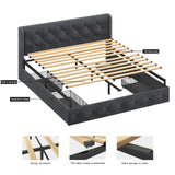 Queen Size Platform Bed Frame with 4 Storage Drawers and Wingback, Modern Linen