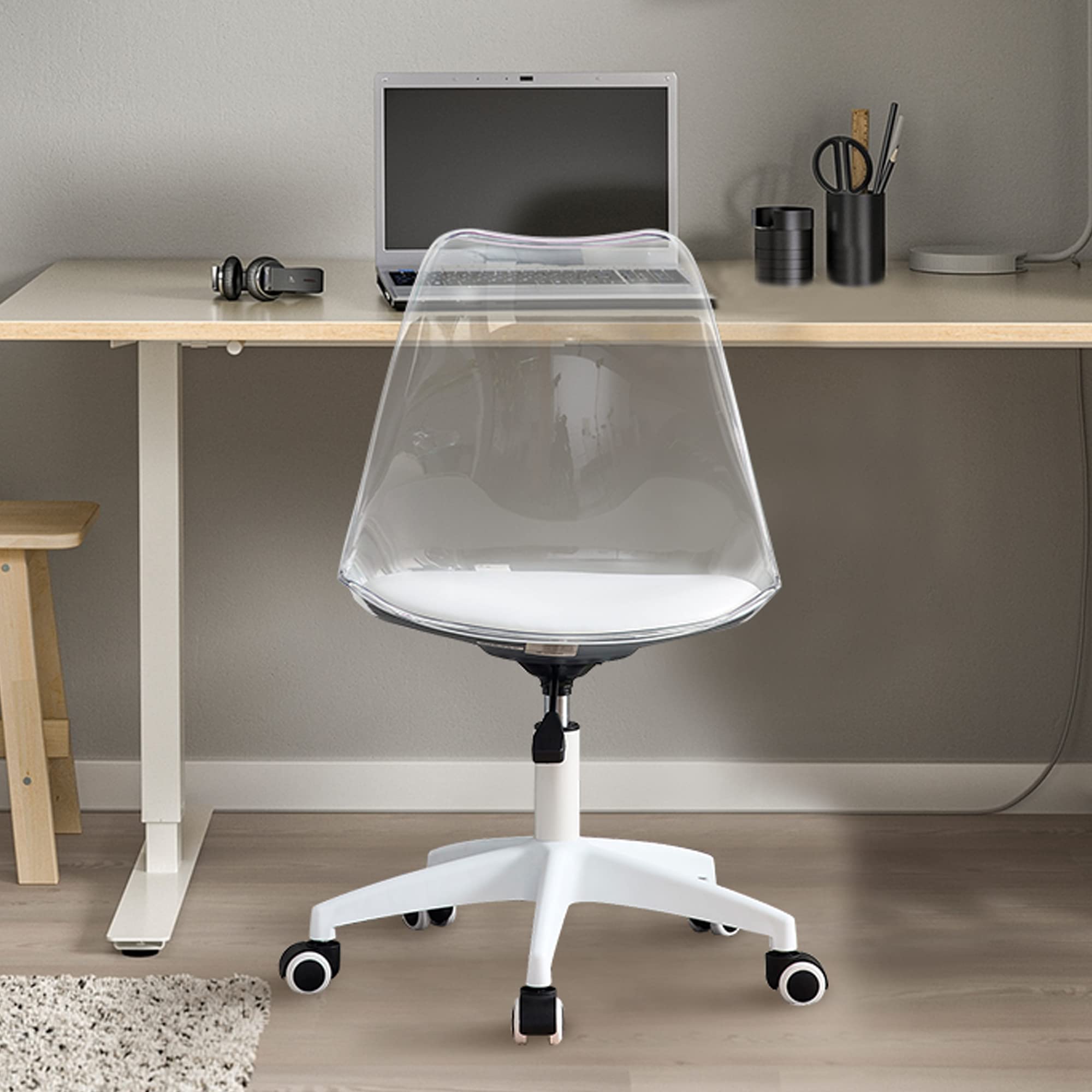 Clear Desk Chair with PU Leather Cushion - Height Adjustable Rolling Office Chair