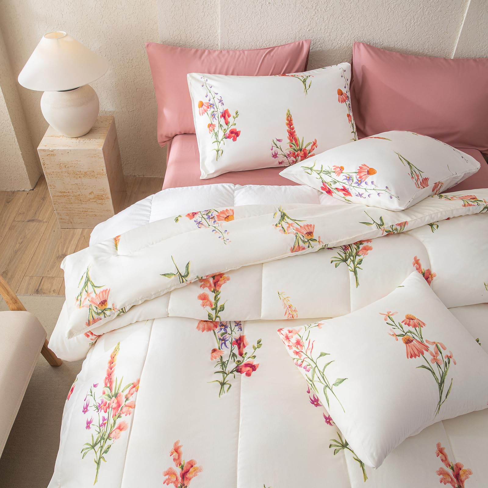 8 Pcs Bed in a Bag Queen Botanical Floral Comforter Set Pink Flowers