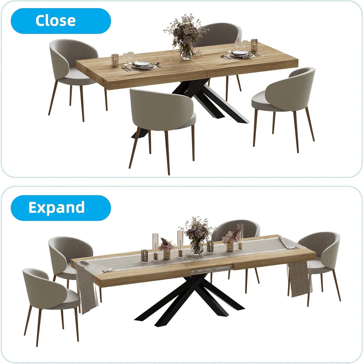 63"-79" Extendable Dining Room Table for 6 8 10, Modern Rustic Kitchen Expanding Table