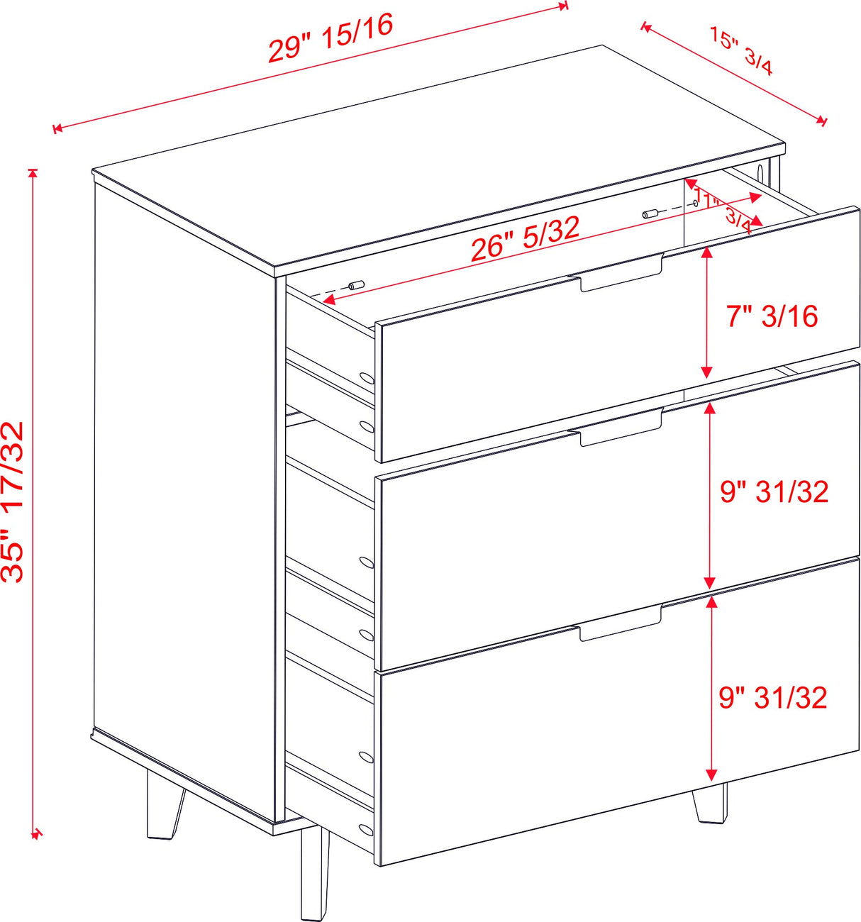 Furniture AZR3DSLDRWH Pine Wood 3-Dra Groove Handle Vertical Dressete