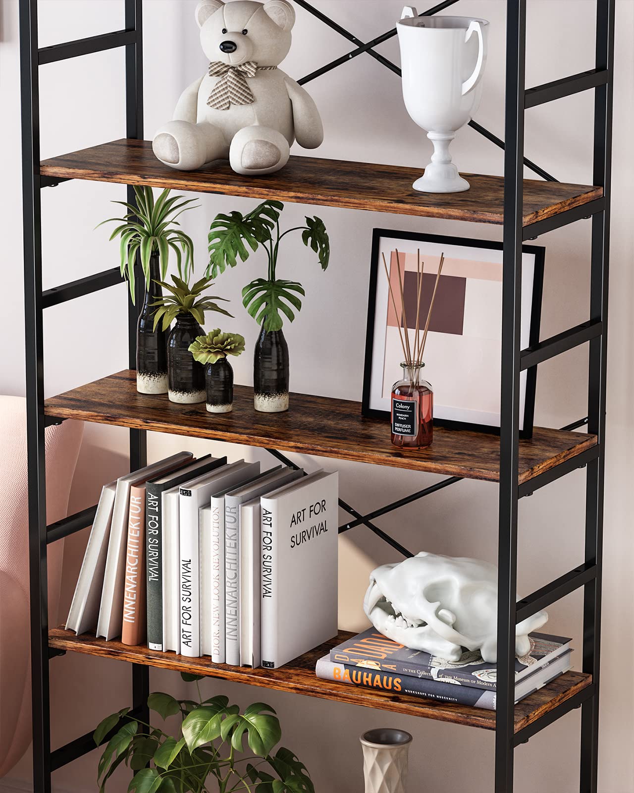 6-Tier Adjustable Tall Bookcase, Rustic Wood and Metal Standing Bookshelf, Industrial Vintage Book Shelf Unit, Open Back Modern Office Bookcases