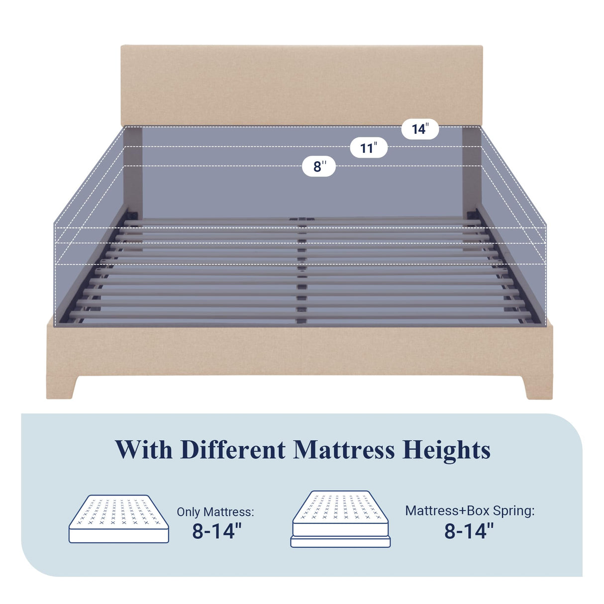 Queen Size Bed Frame with Adjustable Headboard, Upholstered Platform Bed with Wood