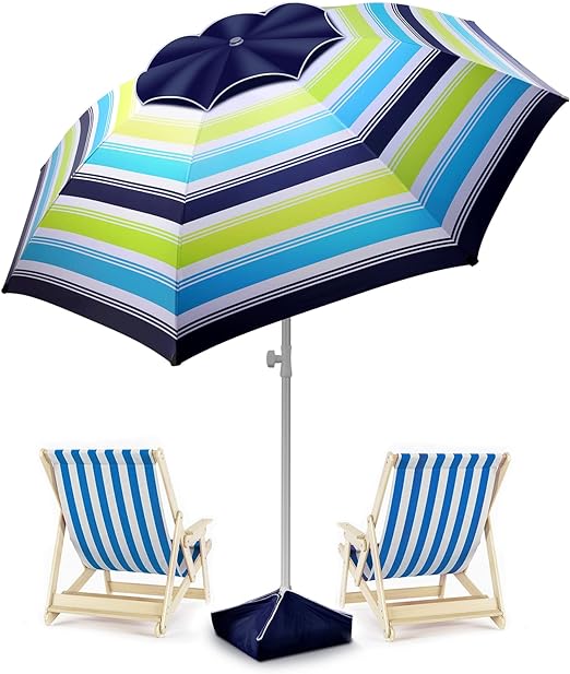 Beach Umbrella Level 7 Wind Resistance Design, Sand Anchor, Sand Bag