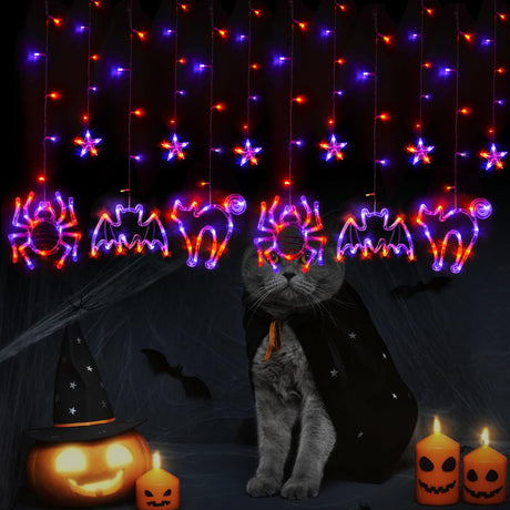 Halloween Window Lights, Hanging Halloween Decorations Orange Purple Cat Spider and