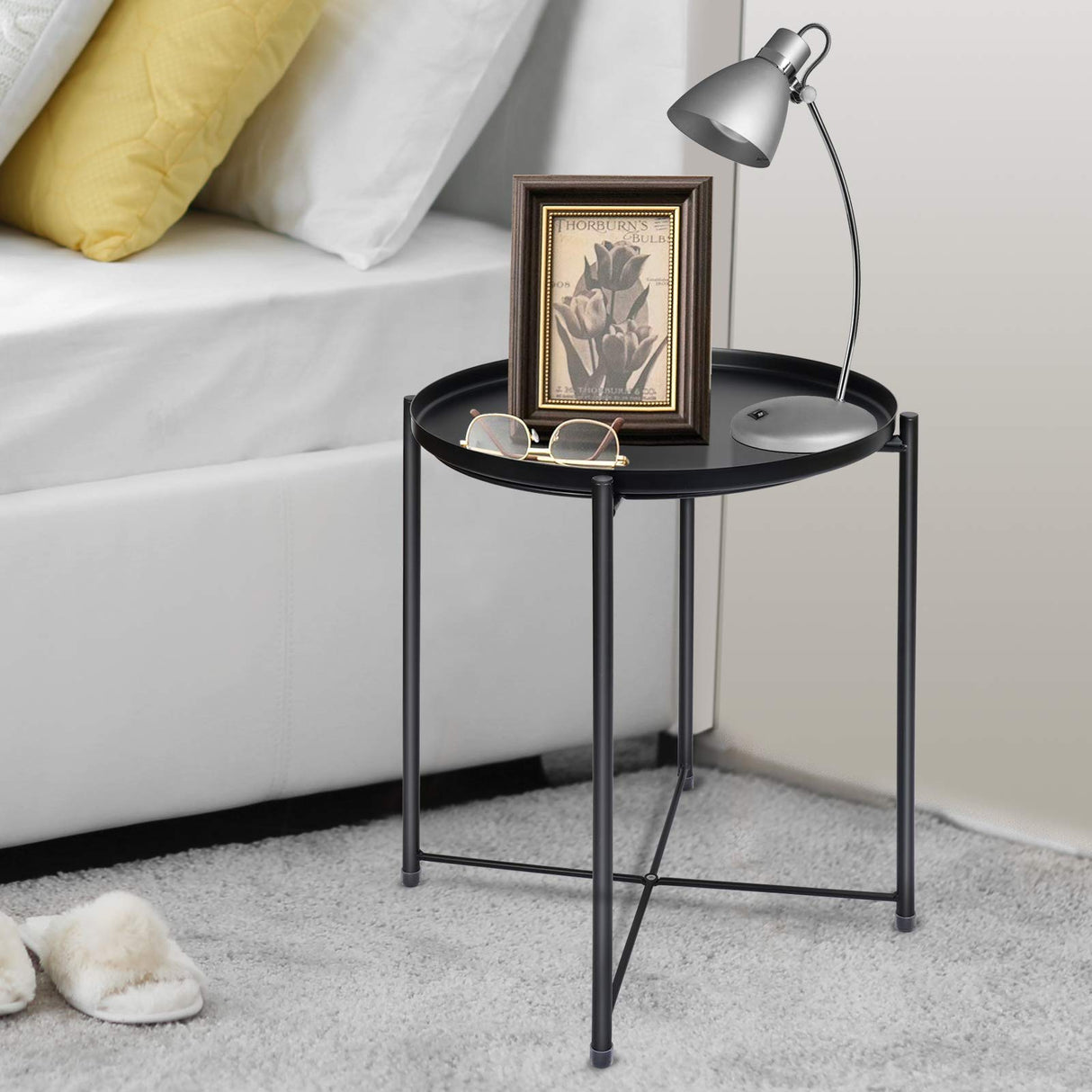 Tray Metal End Table, Foldable & Removable Round Side Tables