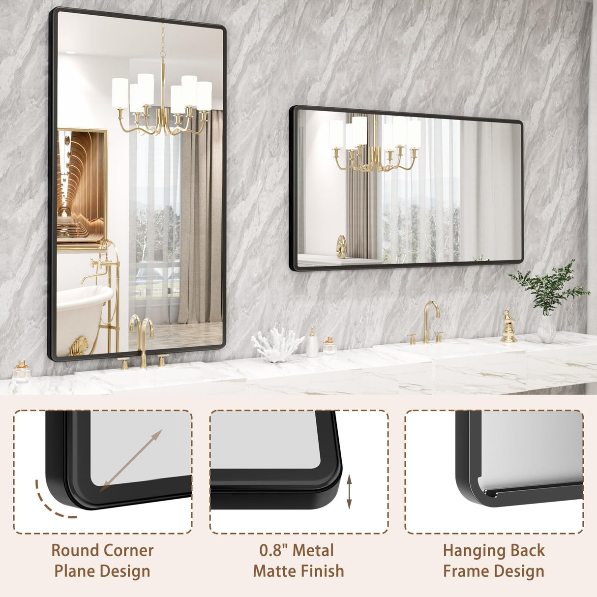 New Upgrade 55X30 Inch Wall Mounted Bathroom Mirror, Black Metal Frame