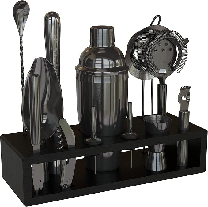 13-Piece Cobbler Cocktail Shaker Set: Black Polished Stainless Steel Bartender Kit For
