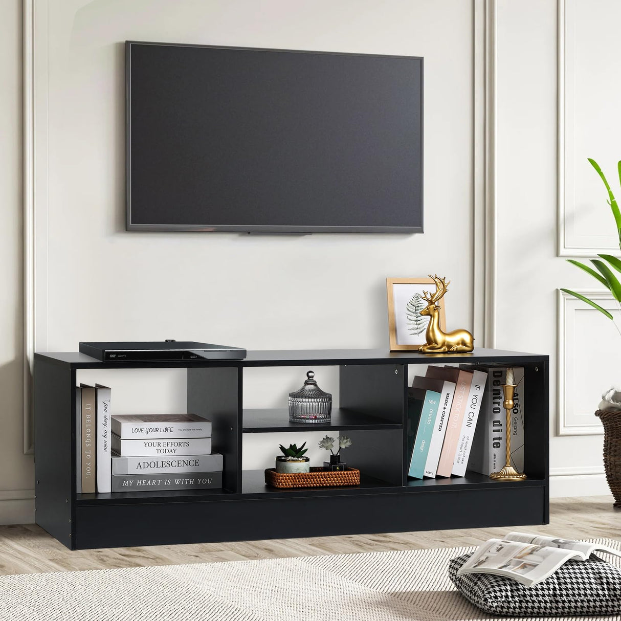 KIOMIMI Modern 47.2’’ TV Stand, Black Entertainment Center with Storage Cabinets, Media Console for Living Room, Bedroom, Office