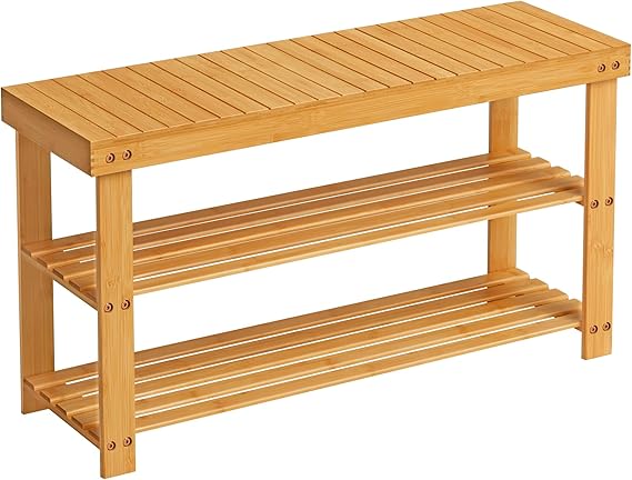 Shoe Rack Bench, 3-Tier Bamboo Shoe Storage Organizer, Entryway Bench