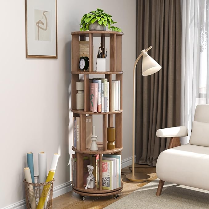 Solid Wood Rotating Bookshelf with Brake Wheels,