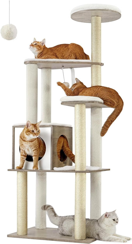 Feandrea WoodyWonders Cat Tree, 65-Inch Modern Cat Tower for Indoor Cats, Multi-Level Cat Condo with 5 Scratching Posts, Perch, Washable Removable Cushions