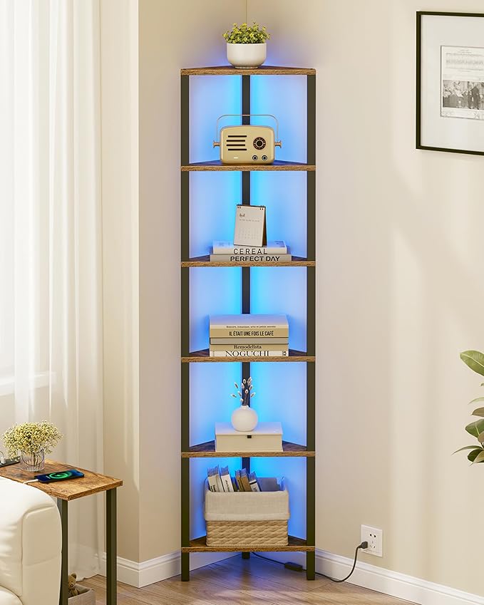 Corner Shelf with LED Light, 6-Tier Corner Bookshelf for Small Space, Narrow Display C