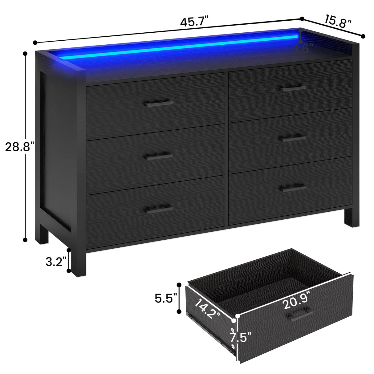 Hasuit Black Dresser for Bedroom with LED Lights, Large Capacity Wooden Storage Cabinet, Chest of 6 Drawers Dresser, LED Dresser for Hallway, Entryway (Modern Black)