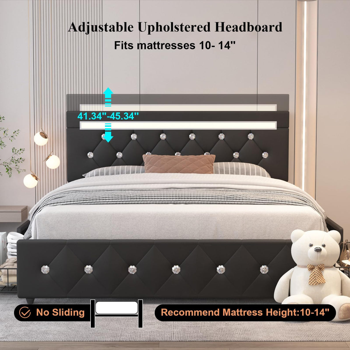 Benevika Queen Size Bed Frame with 4 Drawers and Charge Station, PU Leather Upholstered Bed with Adjustable LED Headboard, Wooden Slats Support, No Box Spring Needed, Black