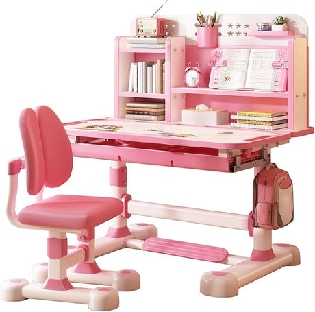 Desk and Chair Set- Height Adjustable Children School Study Desk with Castle Backboard